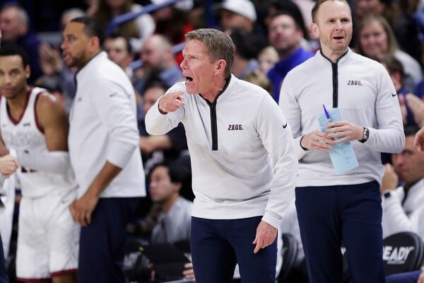 Gonzaga head coach Mark Few directs his team during the first half of an NCAA college basketball game against Long Beach State, Wednesday, Nov. 20, 2024, in Spokane, Wash. (AP Photo/Young Kwak)