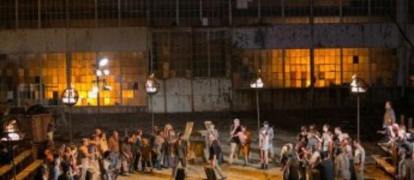 A scene from season 3 in the Governor's zombie arena. CREDIT; AMC