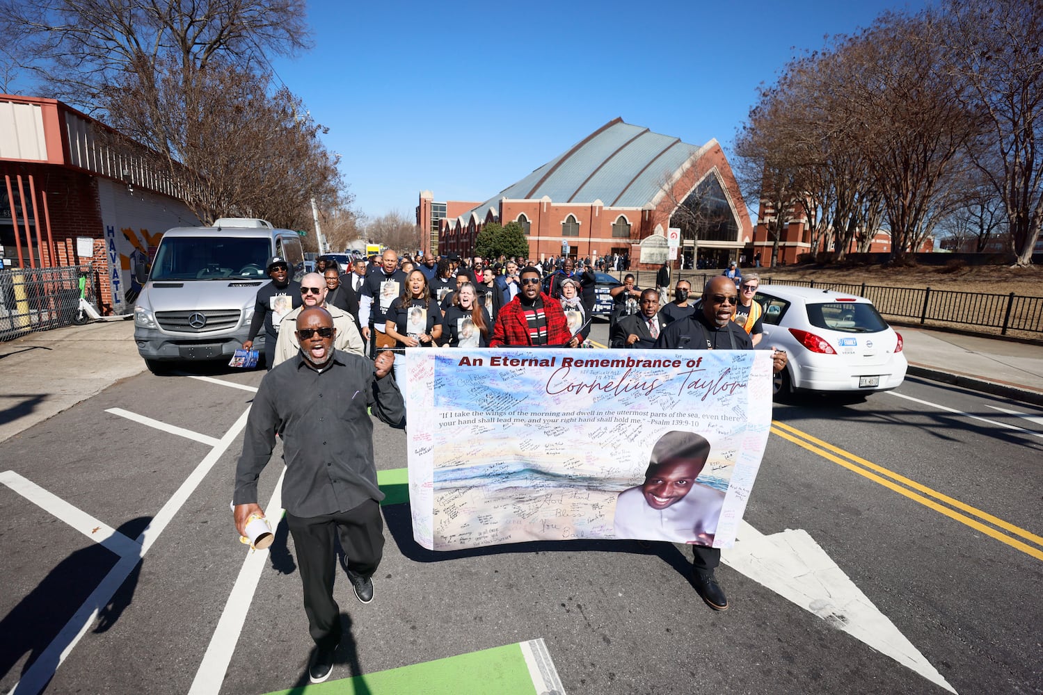 Family members and friends march as they leave Ebenezer Baptist Church towards Atlanta City Hall on Monday, February 3, 2025. Taylor, a homeless man, was killed as city workers cleared a homeless encampment on January 16.
(Miguel Martinez/ AJC)