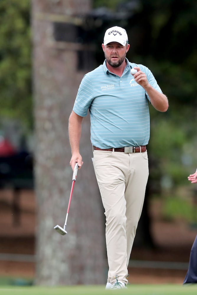 April 9, 2021, Augusta: Marc Leishman reacts to his birdie on the fifteenth hole during the second round of the Masters at Augusta National Golf Club on Friday, April 9, 2021, in Augusta. Curtis Compton/ccompton@ajc.com