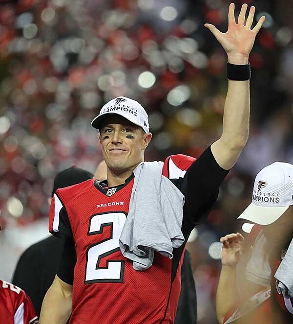 QB Matt Ryan waves to the Georgia Dome crowd after the Falcons defeated the Packers in the NFC title game in January.