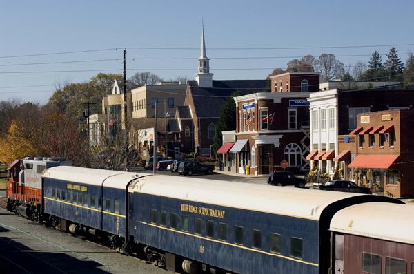 The Blue Ridge Scenic Railway train in downtown Blue Ridge, Ga.