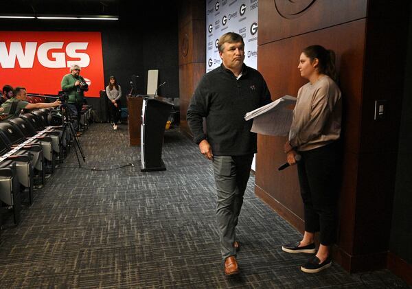 Georgia football head coach Kirby Smart leaves after he spoke to members of the press during a press conference ahead of spring practice on Tuesday. (Hyosub Shin / Hyosub.Shin@ajc.com)