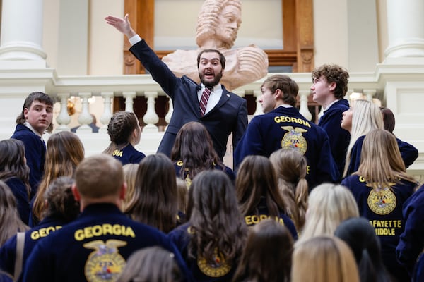 Sen. Colton Moore (R-Trenton) gives a tour of the Georgia State Capitol to members of Georgia Future Farmers of America on Monday, February 13, 2023. (Natrice Miller/ Natrice.miller@ajc.com)