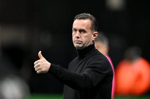 Atlanta United head coach Ronny Deila reacts during the first half of Atlanta United’s MLS season opener at Mercedes-Benz Stadium, Saturday, February 22, 2025, in Atlanta. (Hyosub Shin / AJC)