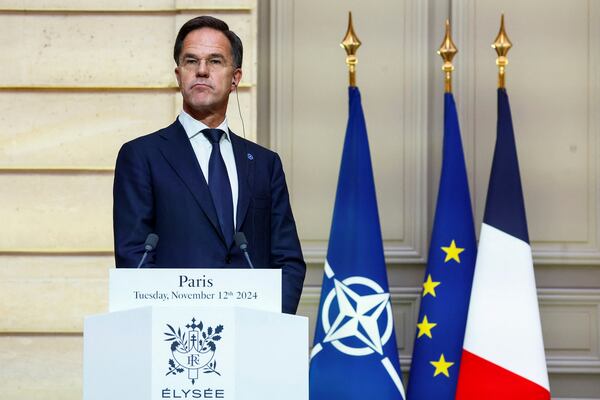 NATO Secretary General Mark Rutte delivers his speech during a meeting with French President Emmanuel Macron at the Elysee Palace, in Paris, France, Tuesday, Nov. 12, 2024. (Manon Cruz/ Pool Photo via AP)