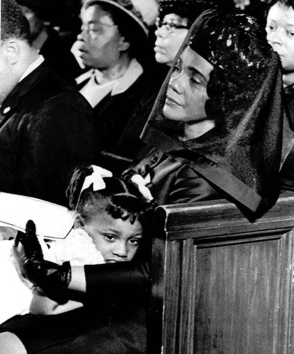 Coretta Scott King and her daughter Bernice, 5, are shown April 9, 1968, attending the funeral of her husband, Dr. Martin Luther King, Jr., in Atlanta, in this Pulitzer-prize winning file photograph taken by Moneta J. Sleet, Jr., the first African-American to win a Pulitzer Prize for photography. (AP Photo/Moneta J. Sleet, Jr.)