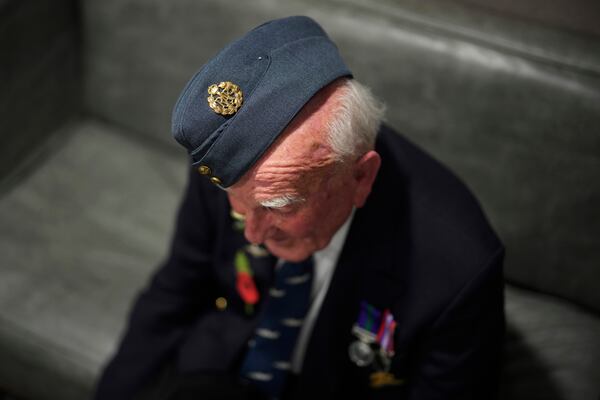 Michael Woods, 100-year-old World War II veteran, speaks during an interview in Dunstable, Bedfordshire, England, Tuesday, Nov. 5, 2024. (AP Photo/Kin Cheung)