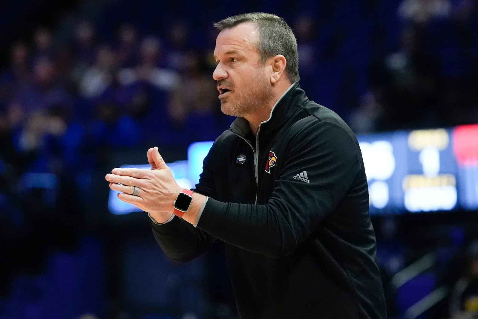 FILE - Louisville head coach Jeff Walz calls out from the bench during the first half of a first-round college basketball game against Middle Tennessee in the women's NCAA Tournament in Baton Rouge, La., March 22, 2024. (AP Photo/Gerald Herbert, File)