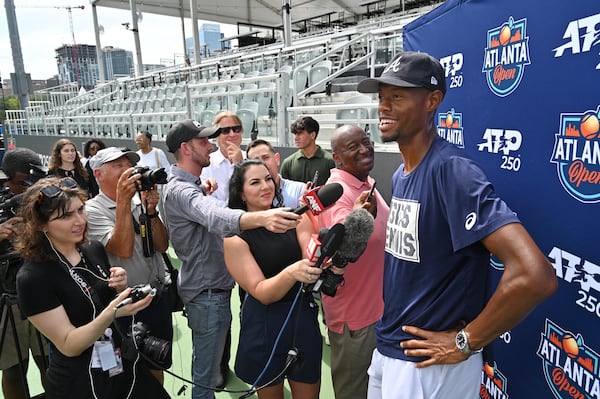 Chris Eubanks speaks to members of the press after he played to christen the stadium court for this year’s tournament at Atlantic Station, Friday, July 21, 2023, in Atlanta. 2023 Atlanta Open players Chris Eubanks, Ethan Quinn, and Trent Bryde, as well as tennis enthusiast and Atlanta Hawks Assistant General Manager Kyle Korver, as they christen the stadium court for this year’s tournament. (Hyosub Shin / Hyosub.Shin@ajc.com)