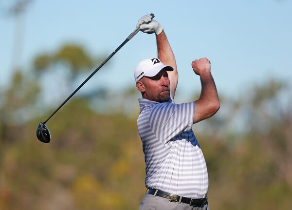 Former MLB pitcher John Smoltz hits his tee shot during the second round on Friday. (Photo by Matt Sullivan/Getty Images)