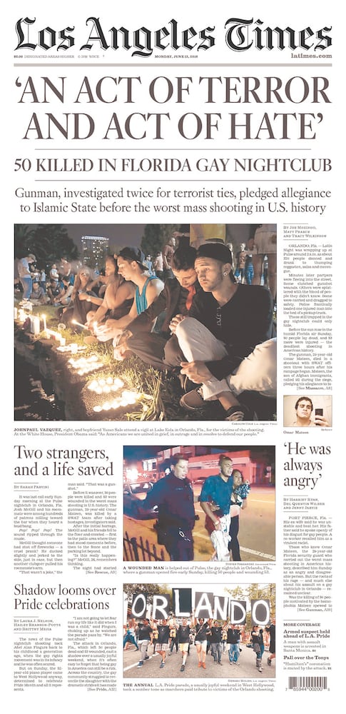 Newspaper front pages reflect Orlando tragedy