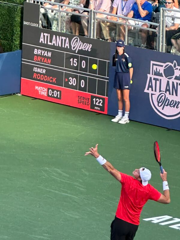 John Isner serving during an exhibition match at final Atlanta Open July 22, 2024 at Atlantic Station. RODNEY HO/rho@ajc.com