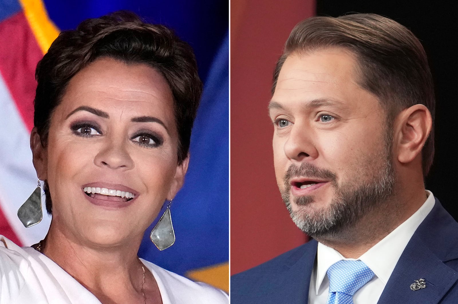 FILE - This combination of images shows, from left, Republican Arizona Senate candidate Kari Lake on July 30, 2024, and opponent, U.S. Rep. Ruben Gallego, D-Ariz., on Oct, 9, 2024, both in Phoenix. (AP Photo Ross Franklin, left; and Cheryl Evans/Arizona Republic via AP, File)