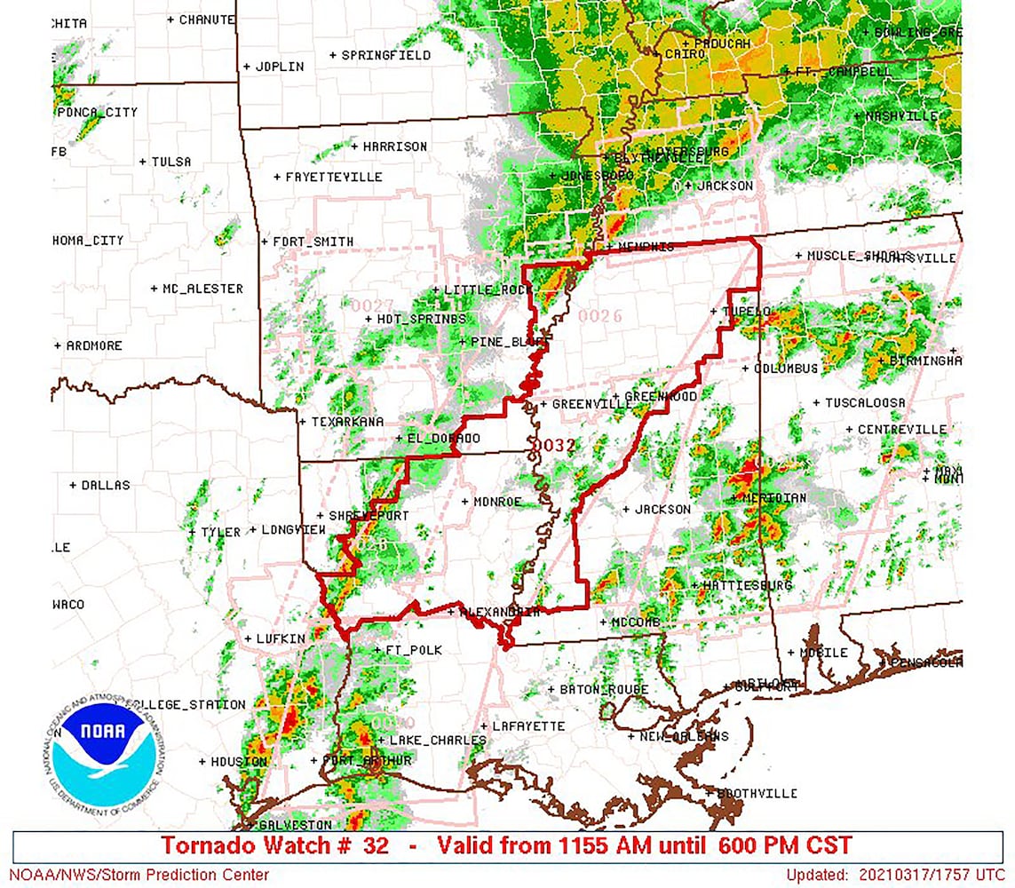 The National Weather Service warned of a high risk of severe thunderstorms across parts of Alabama, Mississippi and far northeastern Louisiana. (NOAA/National Weather Service via The New York Times)