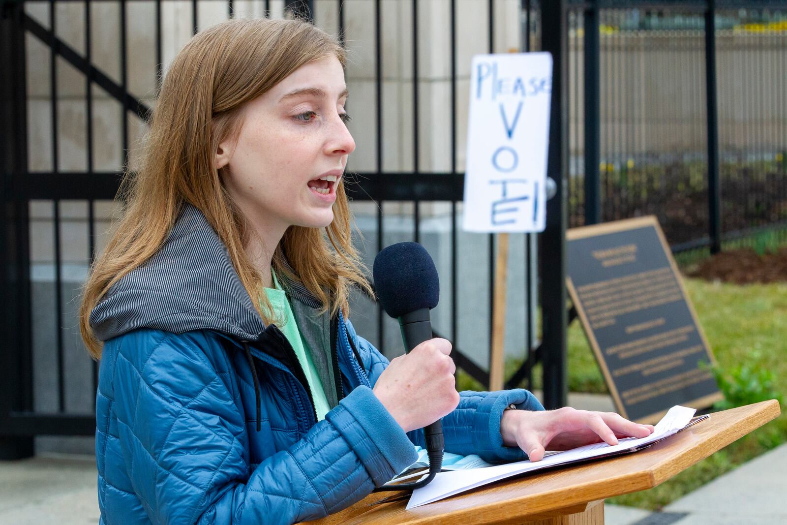 Decatur High School student Katie Guenthner talks to the crowd during a protest outside the Capitol. Students were protesting Georgia bills that would control classroom discussions about race. (STEVE SCHAEFER FOR THE ATLANTA JOURNAL-CONSTITUTION)