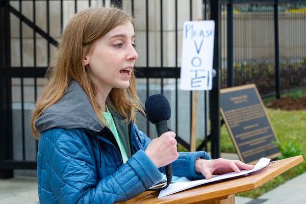 Decatur High School student Katie Guenthner talks to the crowd during a protest outside the Capitol. Students were protesting Georgia bills that would control classroom discussions about race. (STEVE SCHAEFER FOR THE ATLANTA JOURNAL-CONSTITUTION)