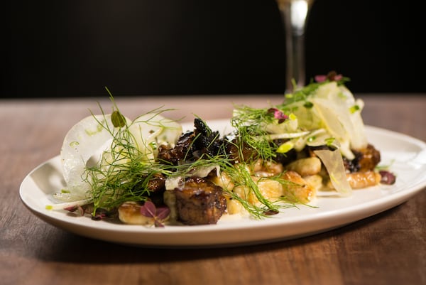  Rose + Rye Glazed Cheshire Pork Belly with Pate a choux gnocchi, fennel and greena pple slaw. / Photo credit- Mia Yakel.