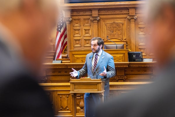 Sen. Colton Moore speaks about his proposed amendment to HB 129 in the Georgia Senate in Atlanta on Tuesday, March 7, 2023. The bill is to “expand temporary assistance for needy families eligibility criteria to pregnant women.” (Arvin Temkar / arvin.temkar@ajc.com)