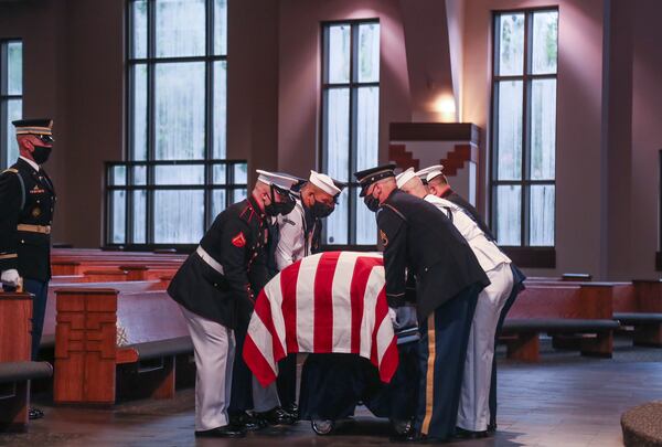 7/30/20 - Atlanta, GA -  The Honor Guard places the casket for the funeral service.  On the sixth day of the “Celebration of Life” for Rep. John Lewis, his funeral is held at Ebeneezer Baptist Church in Atlanta, with burial to follow.   Alyssa Pointer / alyssa.pointer@ajc.com