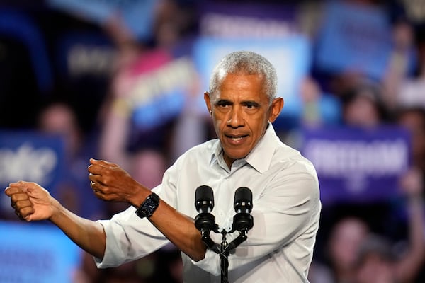 Former President Barack Obama speaks at a campaign rally supporting Democratic presidential nominee Vice President Kamala Harris, Tuesday, Oct. 22, 2024, in Detroit. (AP Photo/Paul Sancya)