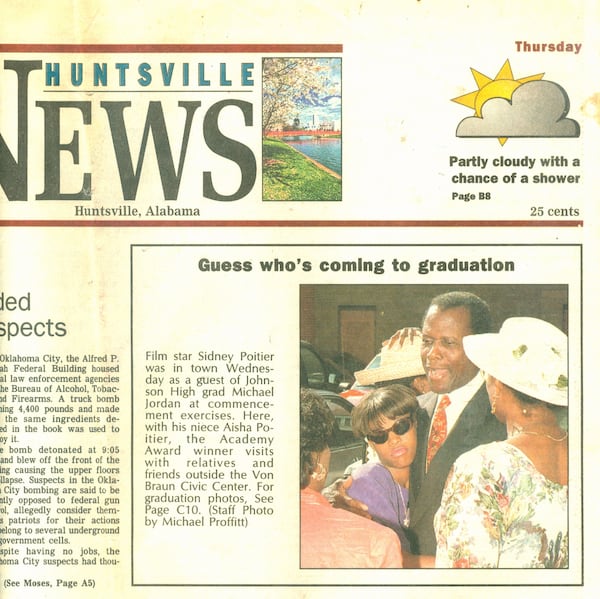 An article from the Huntsville News covers Sidney Poitier's visit to Huntsville, Ala., to attend his godson Mike Jordan's graduation from J. O. Johnson High School in May 1995.