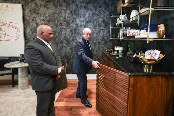 (Left to right) Balram Bheodari, the general manager of Hartsfield-Jackson Atlanta International Airport gets a tour of PS ATL from Steven Gargaro, PS ATL Vice President of Airport Development on Wednesday, August 30, 2023. The luxury terminal features private suites, a bar, a TSA screening line as well as customs and immigration processing. (Natrice Miller/ Natrice.miller@ajc.com)