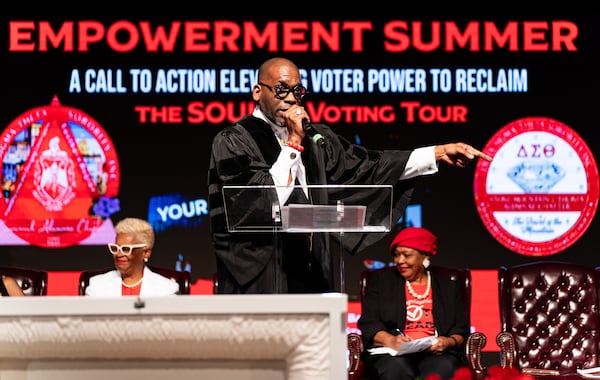 Pastor Jamal Bryant speaks during a voter mobilization event at New Birth Missionary Baptist Church in Stonecrest, GA on Saturday, July 20, 2024. (Seeger Gray / AJC)