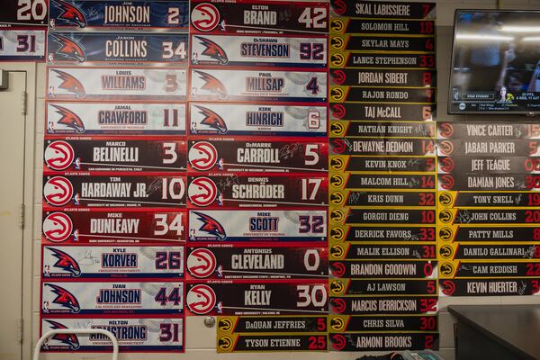 Inside the Atlanta Hawks laundry room are name plates from past players taken on Saturday, March 30, 2024, in Atlanta, at State Farm Arena. (Atlanta Journal-Constitution/Jason Allen)