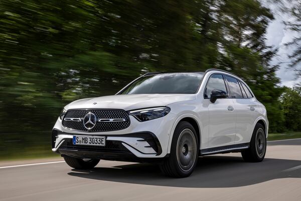 This photo provided by Mercedes-Benz shows the 2025 GLC. The new GLC 350e is a plug-in hybrid that Mercedes says can drive about 54 miles on all-electric power. (Courtesy of Mercedes-Benz USA via AP)