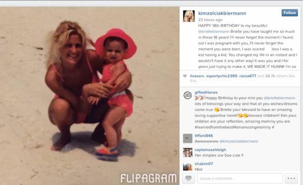 Bravo reality personality Kim Zolciak posted this flashback photo to celebrate daughter Brielle's 18th birthday.