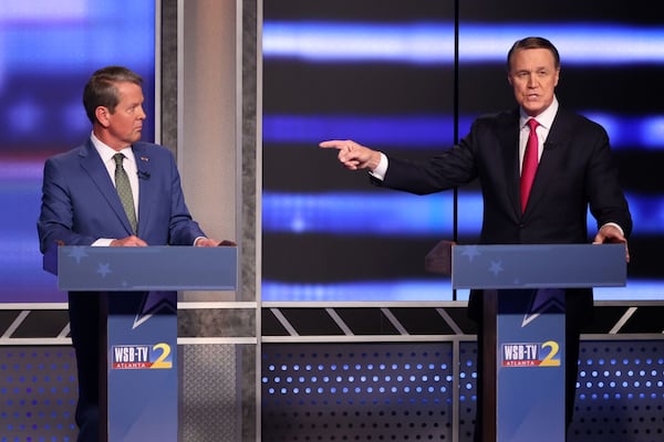 Former Sen. David Perdue responds to Gov. Brian Kemp during the gubernatorial GOP debate at the headquarters of the WSB-TV on Sunday, April 24, 2022. On Dec. 5, 2024, President-elect Donald Trump nominated Perdue as ambassador to China. (Miguel Martinez/AJC 2022)