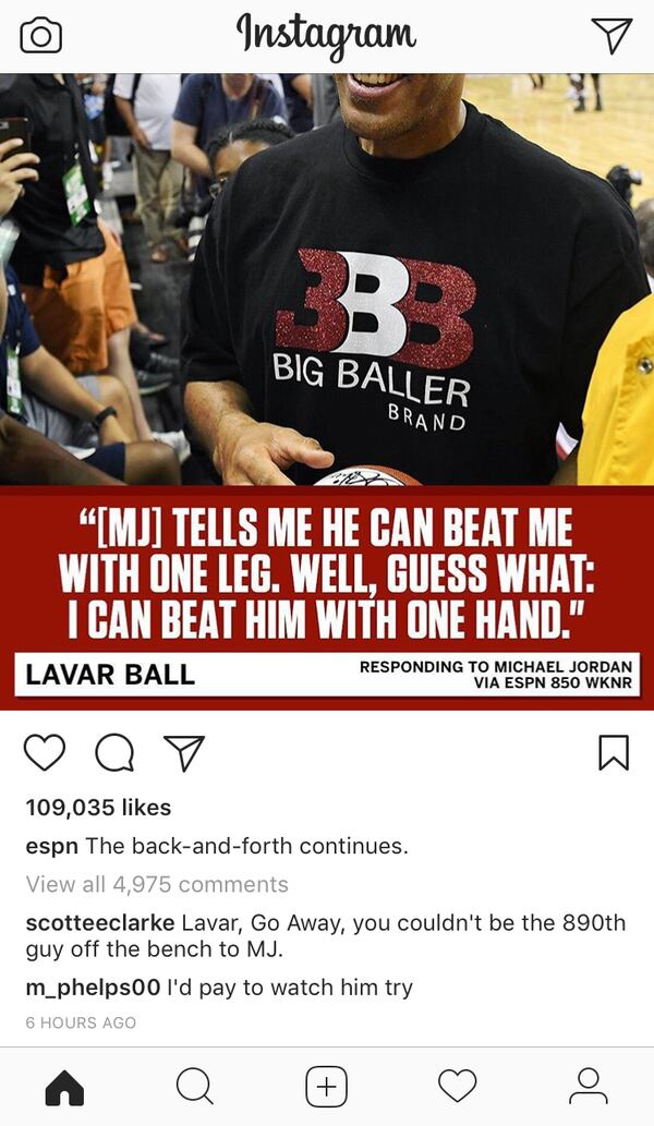 Screen shot of ESPN's Instagram post about LaVar Ball's claim he could beat Michael Jordan in one-on-one.