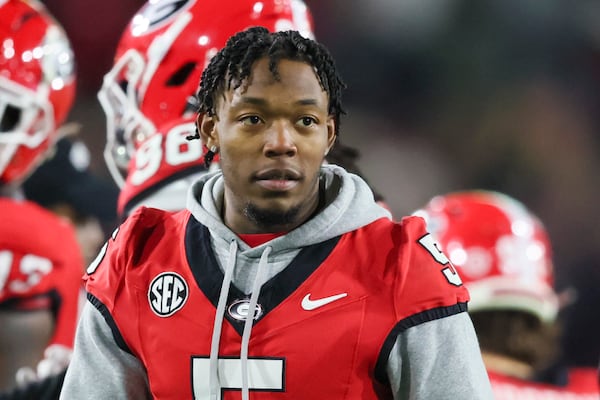 Georgia wide receiver Rara Thomas (5) on the sideline against Georgia Tech at Bobby Dodd Stadium, Saturday, November 25, 2023, in Atlanta. (Jason Getz / Jason.Getz@ajc.com)