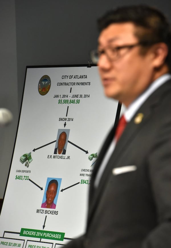 April 5, 2018 Atlanta - U.S. Attorney Byung J. “BJay” Pak speaks about bribery scandals at Atlanta City Hall during a press conference at the Richard B. Russell Federal Building on Thursday, April 5, 2018. Rev. Mitzi Bickers made her first appearance in federal court Thursday to face charges that she took $2 million in bribes to steer city of Atlanta contracts to at least two contractors from 2010 to 2015. She was released on a $50,000 appearance bond. HYOSUB SHIN / HSHIN@AJC.COM