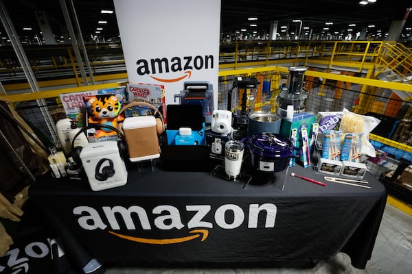 Products from Tucker-based Compac Industries are on display at the Amazon Distribution Center in Stone Mountain on Monday, December 2, 2024. 
(Miguel Martinez / AJC)