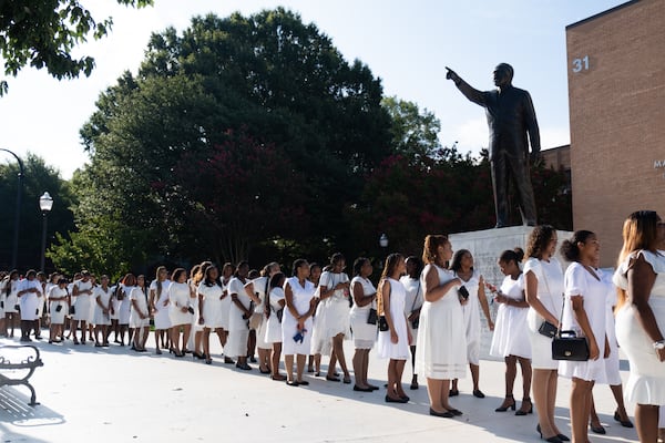 First-year Spelman students line up before a joint convocation with Morehouse at the Martin Luther King Jr. International Chapel in Atlanta on Sunday, Aug. 13, 2023.   (Ben Gray / Ben@BenGray.com)