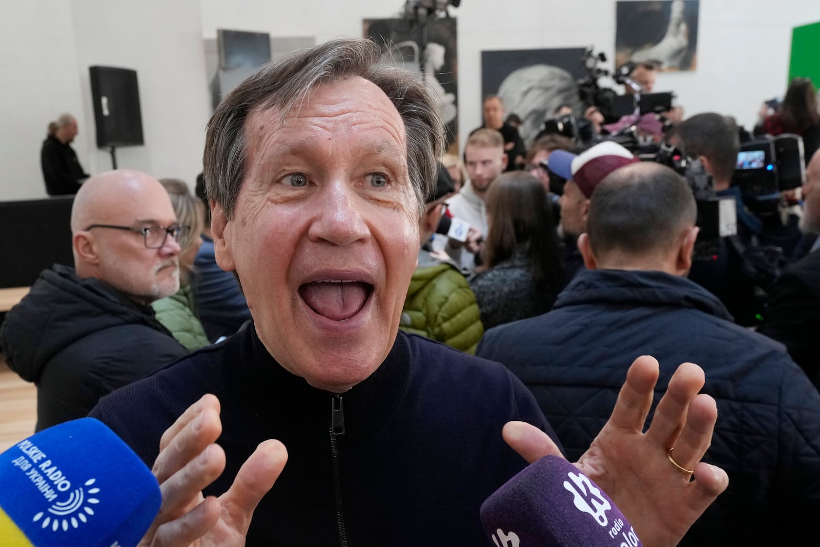 American architect Thomas Phifer speaks to reporters in the new Museum of Modern Art in Warsaw, Poland, on Thursday Oct. 24, 2024. (AP Photo/Czarek Sokolowski)