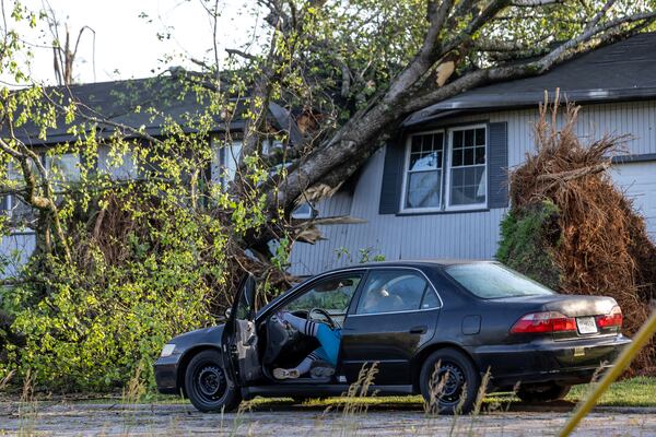 Carolyn Gillman has to stay in her car now on Briarwood Circle with her cat after a tree smashed through her house.