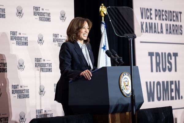 Vice President Kamala Harris speaks on her Fight for Reproductive Freedoms tour at Savannah Civic Center in Savannah on Tuesday, February 6, 2024. (Arvin Temkar/arvin.temkar@ajc.com)