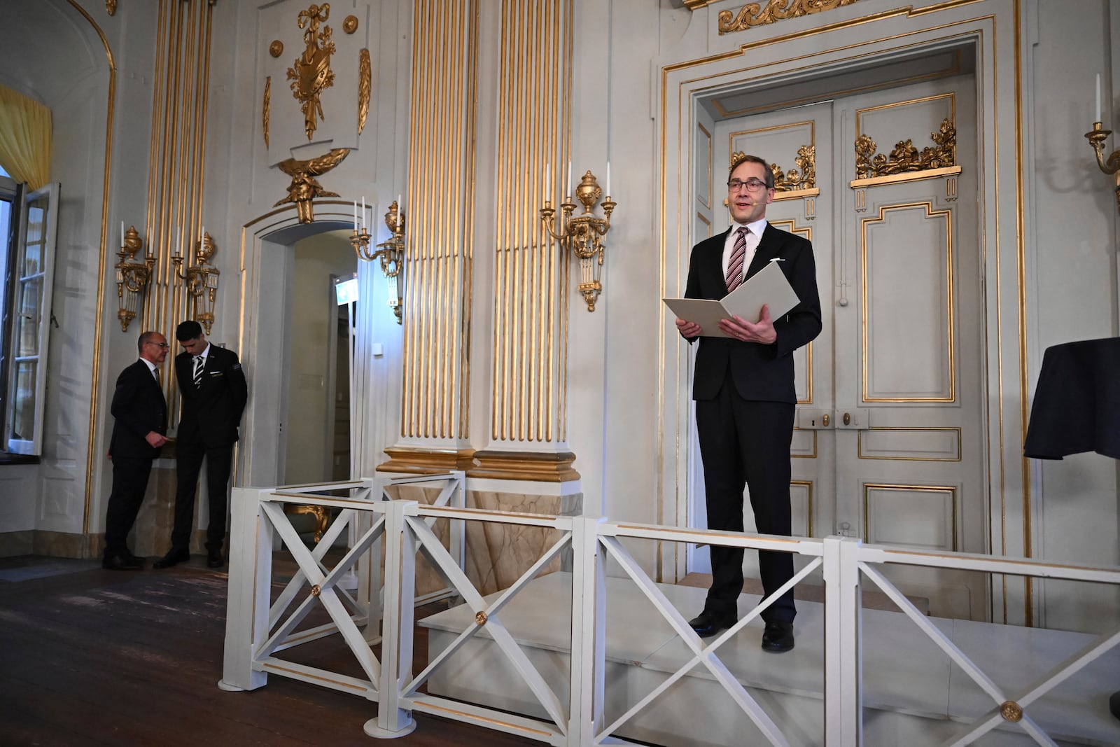 Swedish Academy's permanent secretary Mats Malm announces the winner of the 2024 Nobel Prize in Literature, South Korean writer Han Kang at the Swedish Academy in Stockholm, Sweden, Thursday Oct. 10, 2024. (Jessica Gow/TT News Agency via AP)