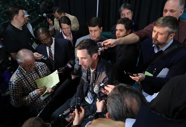  January 30, 2017, Houston: Kyle Shanahan is surrounded by reporters asking questions about his future during Super Bowl Opening Night on Monday, Jan. 30, 2017, at Minute Maid Park in Houston. Curtis Compton/ccompton@ajc.com