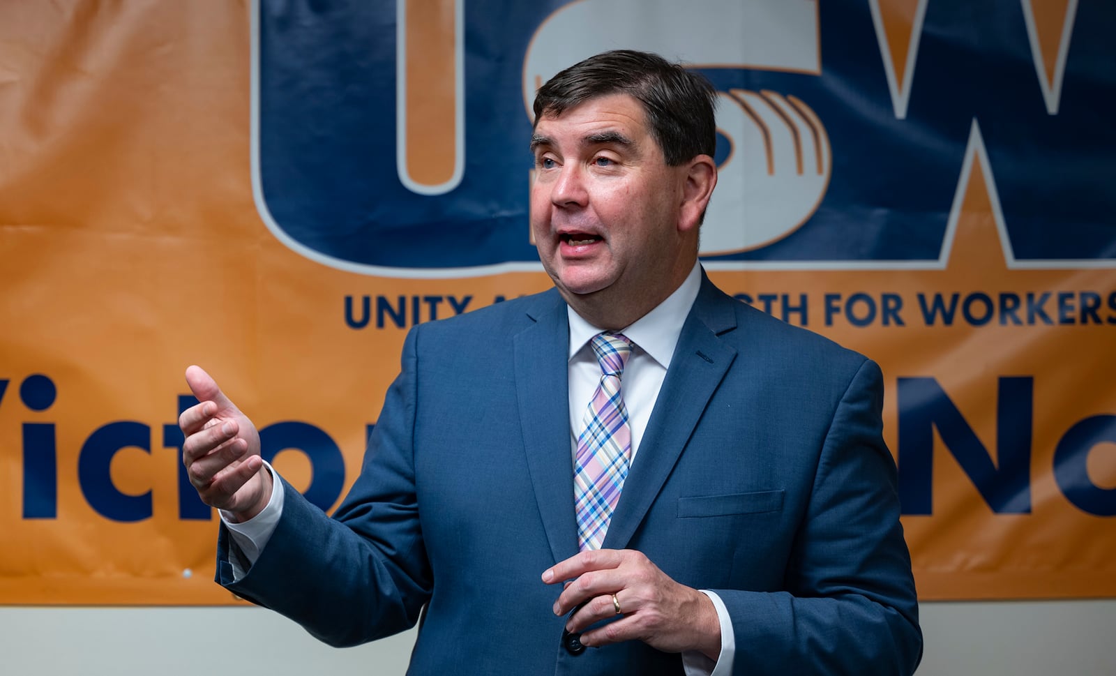 New York State Senator John Mannion, Democratic candidate for New York's 22nd congressional district, meets with representatives and members of the United Steelworkers in Geddes, N.Y. Thursday. Oct. 24. 2024. (AP Photo/Craig Ruttle)