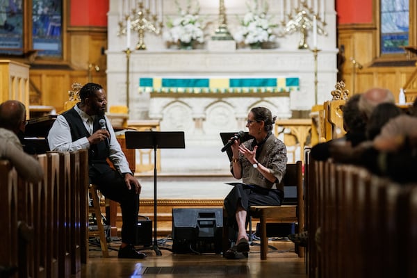 Gary Motley and Virginia Schenck speak during a Q&A session after his performance. 
Courtesy Dustin Chambers