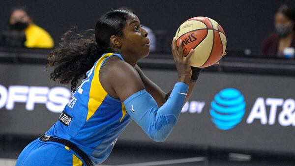 Chicago Sky forward Cheyenne Parker (32) sets up for a shot during the first half of a  first-round playoff game against the Connecticut Sun, Tuesday, Sept. 15, 2020, in Bradenton, Fla. (Phelan M. Ebenhack/AP)