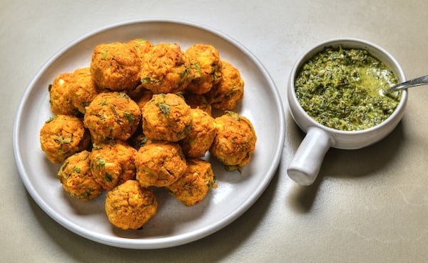 Cauliflower Chickpea Curry Bites with Mint Chutney, from Atlanta registered dietitian nutritionist Nichole Dandrea-Russert, look tasty and offer fiber and phytonutrients as well as spices with anti-inflammatory effects. (Styling by Nichole Dandrea-Russert / Chris Hunt for the AJC)