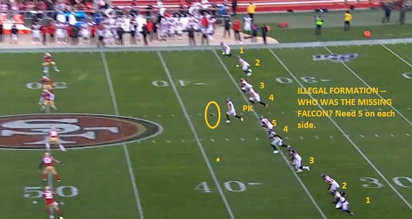 Who was missing on the onside kick to start the second half? The Falcons were called for illegal formation for having  just four players on one side of the ball.  (Fox Sports screen grab from Gamepass.NFL.Com)