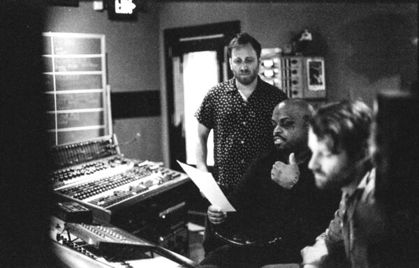 Dan Auerbach (left), CeeLo Green and chief engineer Allen Parker at Easy Eye Sound in Nashville. Photo: ALYSSE GAFKJEN