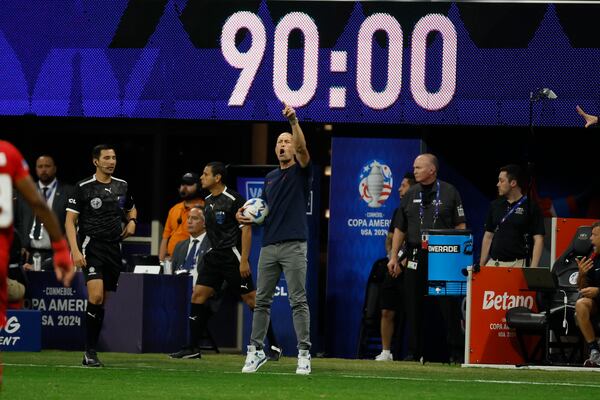 United States head coach Gregg Berhalter yells on the sideline in the second half as the time expires during the CONMEBOL Copa America 2024 Group C match against Panama at Mrcedez-Benz Stadium on Thursday, June 27, 2024, in Atlanta. USA lost 2-1. 
(Miguel Martinez / AJC)