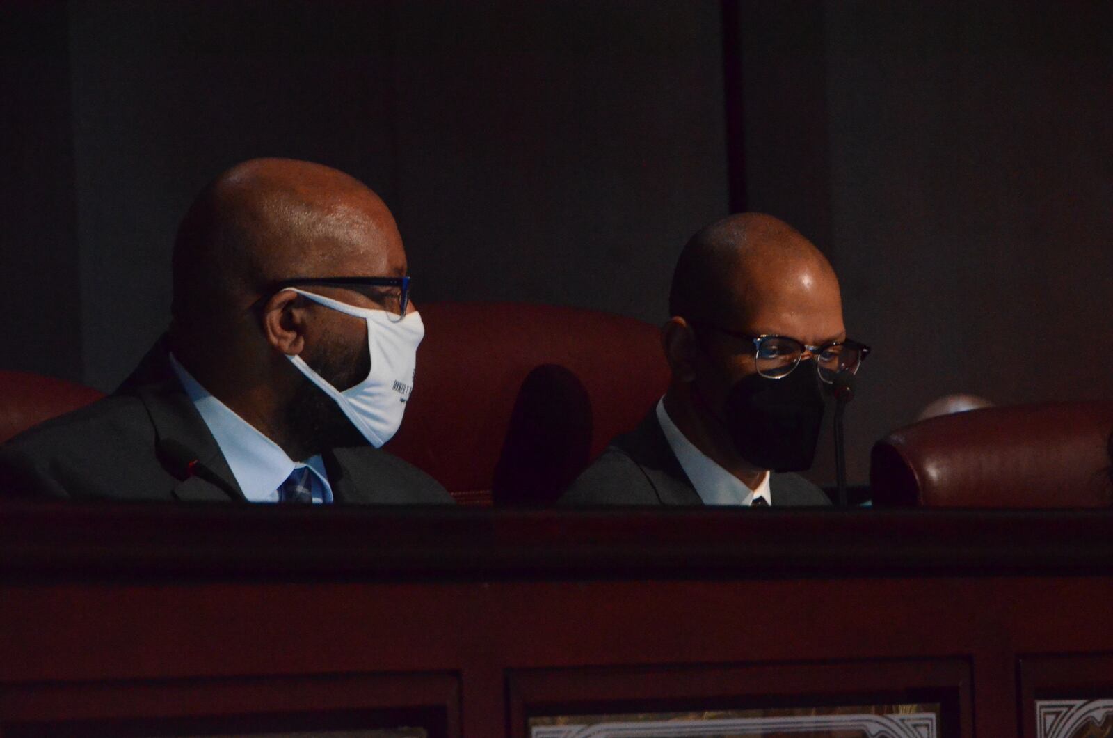 Councilmemembers Byron Amos (left) and Jason Dozier (right) during Monday's Atlanta City Council meeting. (Courtesy/Atlanta City Council)